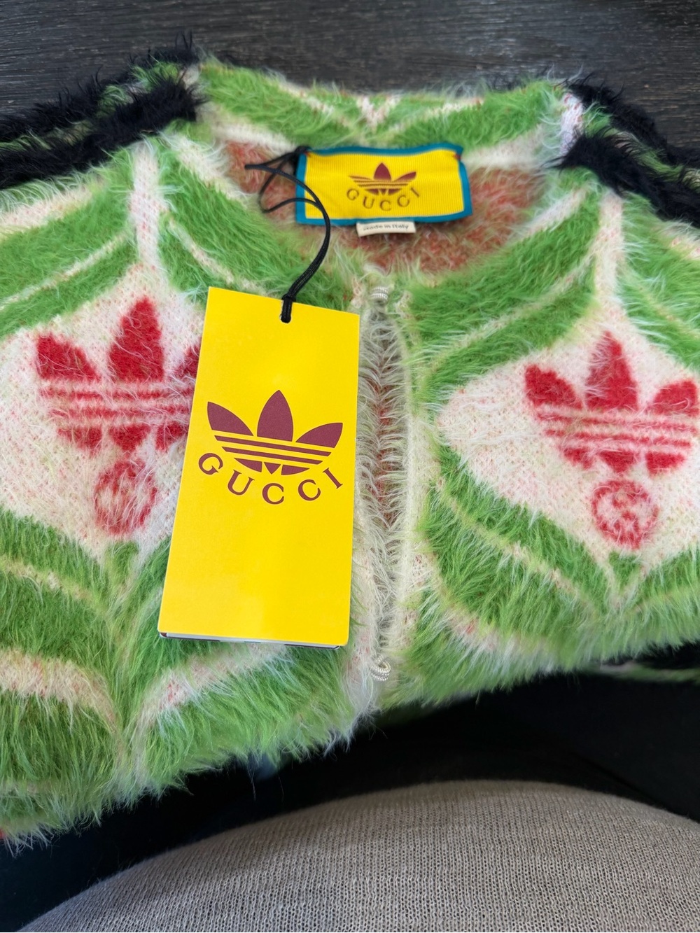 Gucci Adidas Green, White & Red Fuzzy Logo Zip Cardigan - Picture 2 of 12